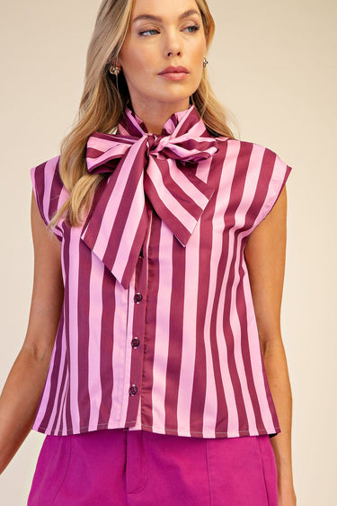 Bow Neck Sleeveless Stripe Shirt - Plum
