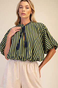 Tie Tassel Striped Balloon Top - Navy