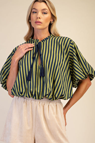 Tie Tassel Striped Balloon Top - Navy