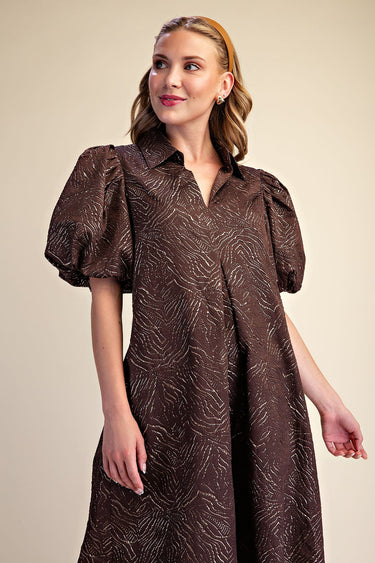 Puff Sleeve Pleated Lurex Midi Dress - Brown