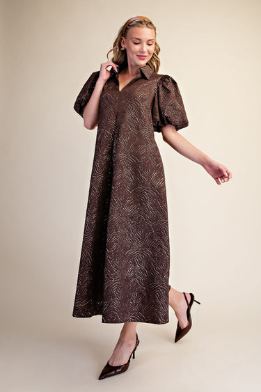 Puff Sleeve Pleated Lurex Midi Dress - Brown