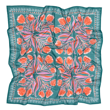 Floral patterned scarf with pink and orange flowers on a teal background