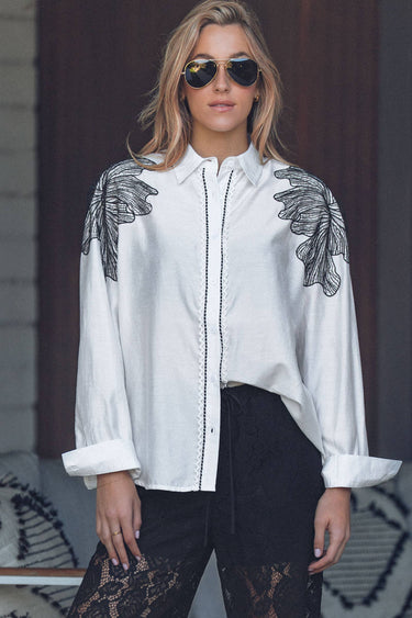Celine Embroidered Leaf Shoulder Tencel Shirt