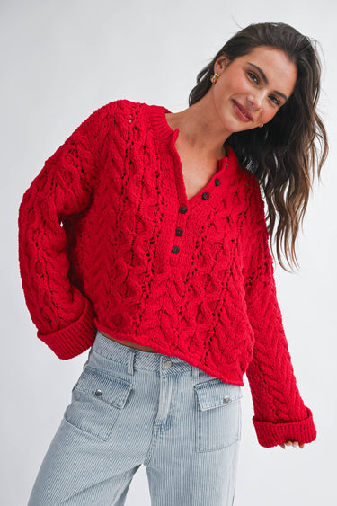 Janie Cropped Henley Knit Sweater