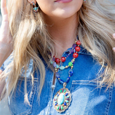 Concho Colorful Blue Turquoise Golden Statement Necklace