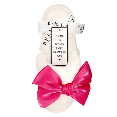 Hot Pink Bow on White Plush Slippers