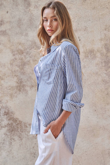 Amelie Coastal Striped Linen-Blend Button Down Shirt