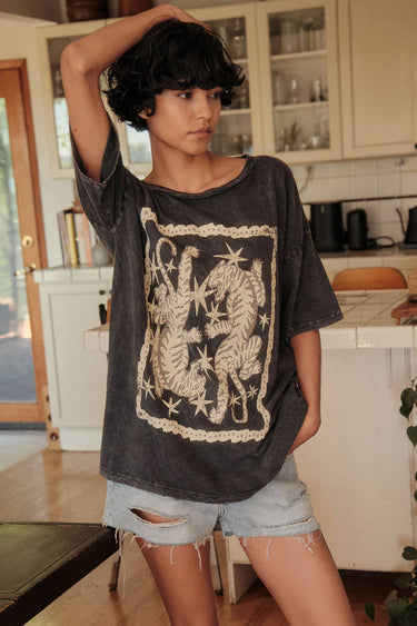 Tigers and Stars Vintage-Wash Oversized Graphic Tee