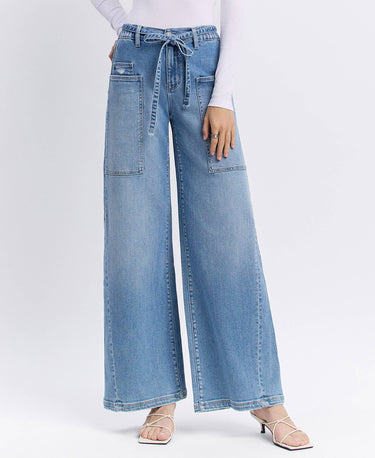 CARMEN HIGH RISE ELASTIC TIE WAISTBAND BAGGY WIDE JEANS