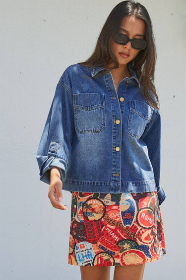 Vintage Wash Denim Shirt Jacket With Gold Buttons
