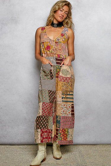 V-neck Sleeveless Varied Patchwork Dual Patch Pocket Overall (each piece unique)