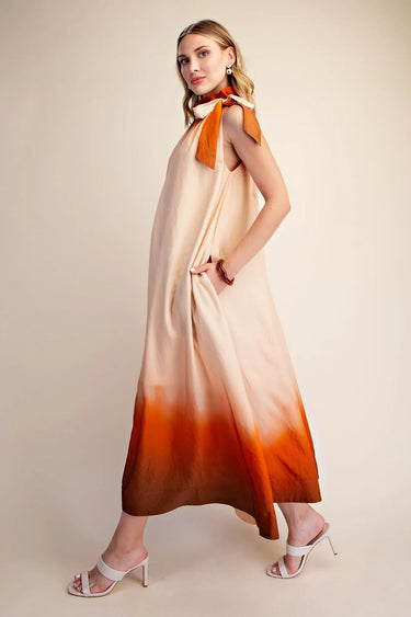 Amiah Ombre Sleeveless Maxi Dress W/ Tie Ruffle Neck