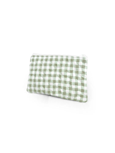 Anthia Gingham Sage Quilted Makeup Bag