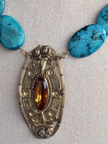 1800s Brooch/ 1970s Turquoise Necklace