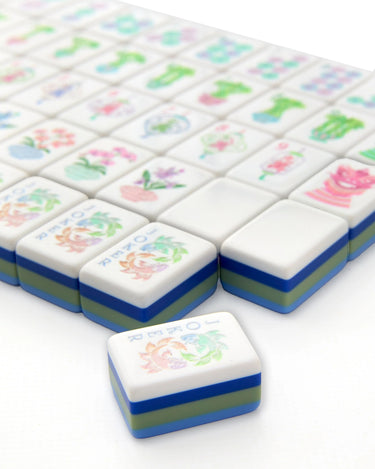 mahjong tiles with blues and greens