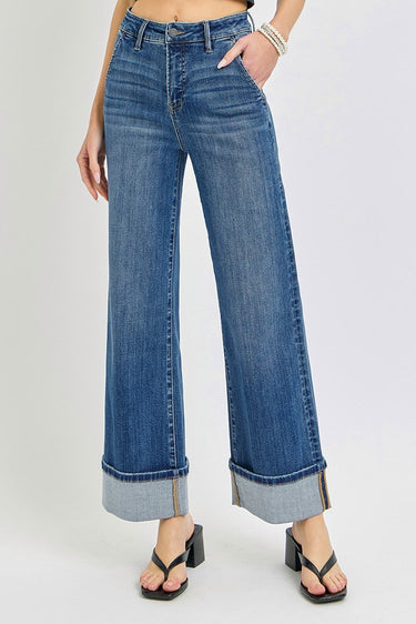 Addison Tummy Control High Rise Ankle Wide Cuffed Jeans by Risen