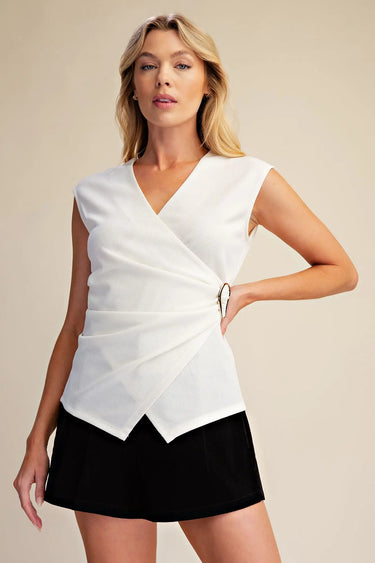 Aubrielle Wrap Top with Metal Trim V-Neck