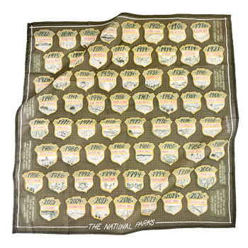 Large bandana scarf with a pattern of years and national park depictions on a white background