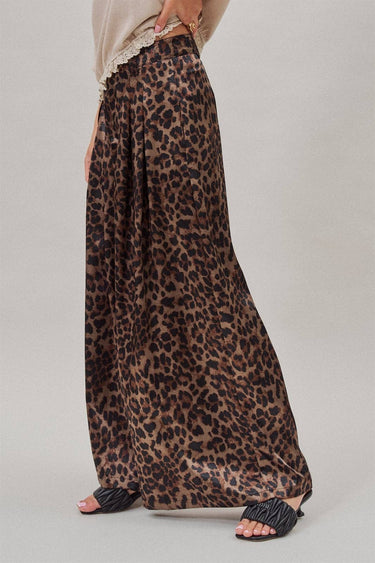 Leopard Print Satin Pleated Wide Leg Trousers
