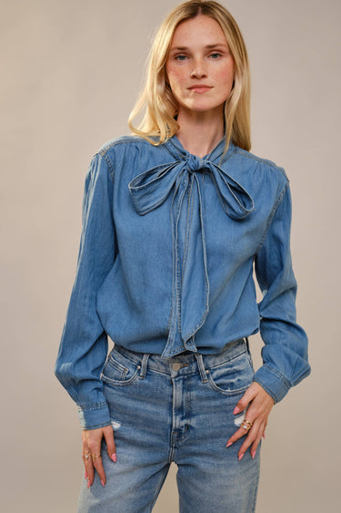 Elodie Tie Neck Hidden Button Chambray Blouse