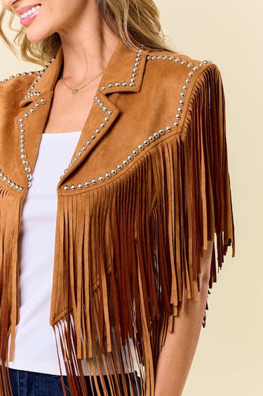 Delilah Camel Studded Fringed Shrug