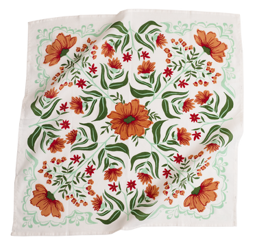 Floral patterned bandana scarf with orange and red flowers on a white background