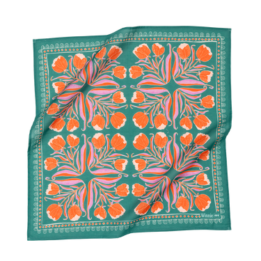 Bold Floral patterned bandana scarf with orange flowers on a green background