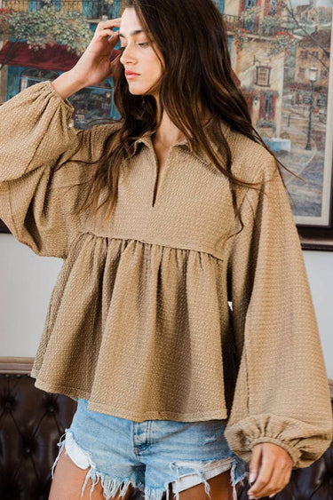 Ramona Collared Split Neck Pleating Top