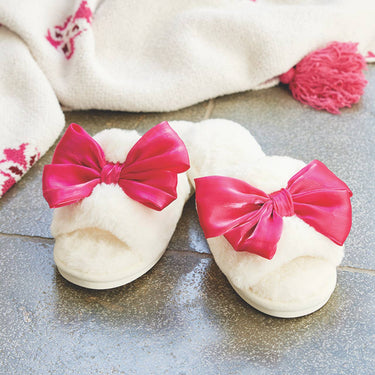 Hot Pink Bow on White Plush Slippers