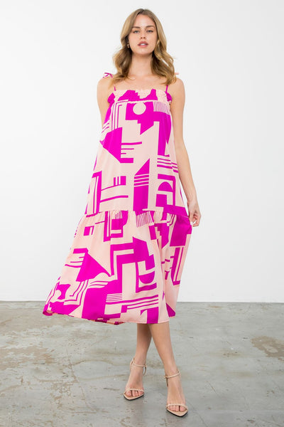 Leah Tie Strap Geometric Pattern Midi Dress
