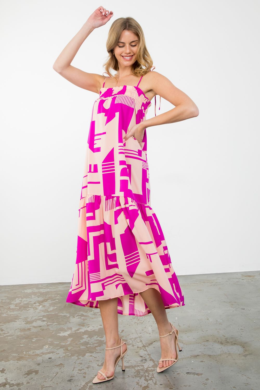 Leah Tie Strap Geometric Pattern Midi Dress