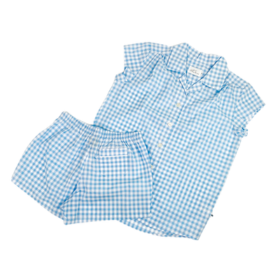 Light Blue Checkered Short Set in Pima Cotton