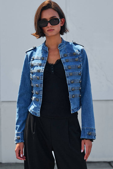 Military Double-Button Denim Jean Jacket