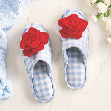 Blue Gingham + Red Velvet Rosette Slippers