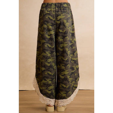 MACEY CAMO PRINT LACE HEM WIDE LEG PANTS