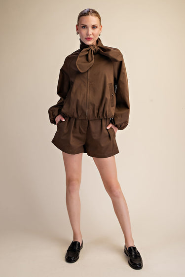 Scarf Collar Long Sleeve Puffy Jacket - Brown