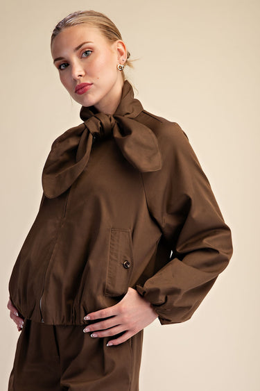 Scarf Collar Long Sleeve Puffy Jacket - Brown