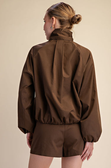 Scarf Collar Long Sleeve Puffy Jacket - Brown