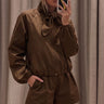 Scarf Collar Long Sleeve Puffy Jacket - Brown