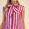 Bow Neck Sleeveless Stripe Shirt - Plum