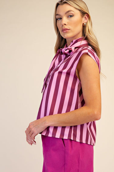 Bow Neck Sleeveless Stripe Shirt - Plum