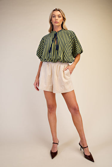 Tie Tassel Striped Balloon Top - Navy