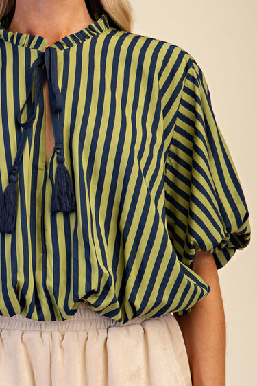 Tie Tassel Striped Balloon Top - Navy