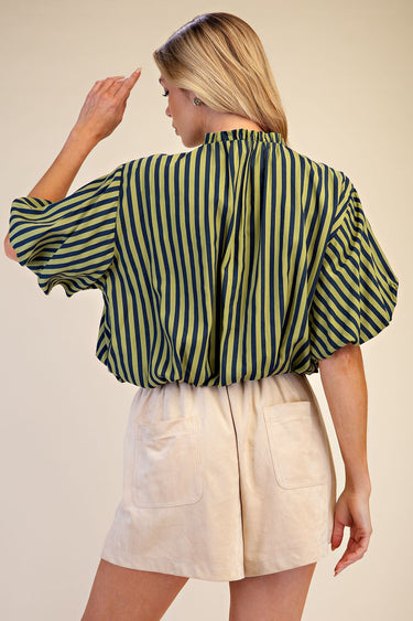 Tie Tassel Striped Balloon Top - Navy