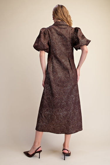 Puff Sleeve Pleated Lurex Midi Dress - Brown