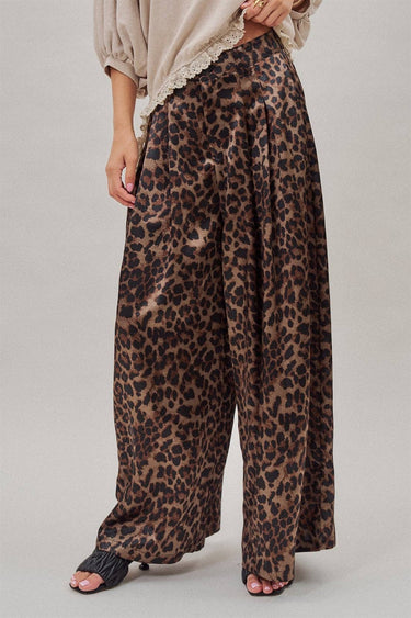Leopard Print Satin Pleated Wide Leg Trousers