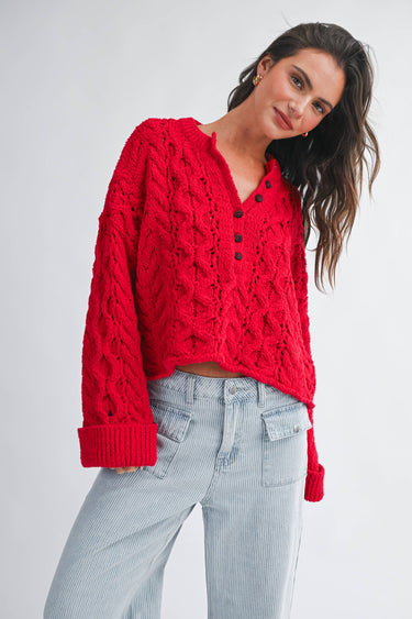 Janie Cropped Henley Knit Sweater