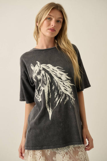 Vintage-Style Horse Mineral-Wash Oversize Graphic Tee