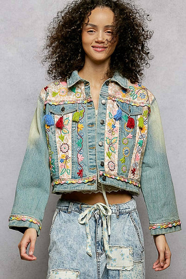 Madeleine Floral Embroidery Lace Trim Tassel Denim Jacket