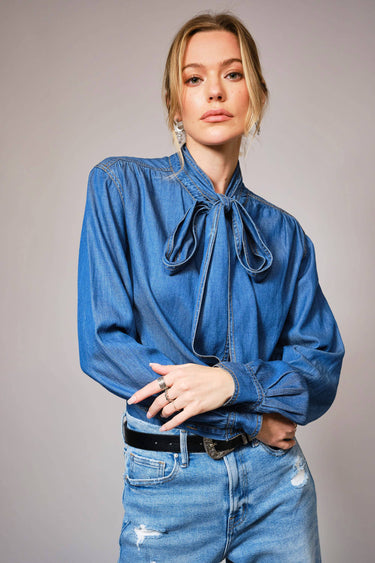 Elodie Tie Neck Hidden Button Chambray Blouse